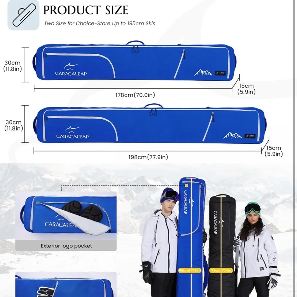 Ski Snowboard Bag Fully Padded for Air Travel 2 pair, Double Size 195CM
